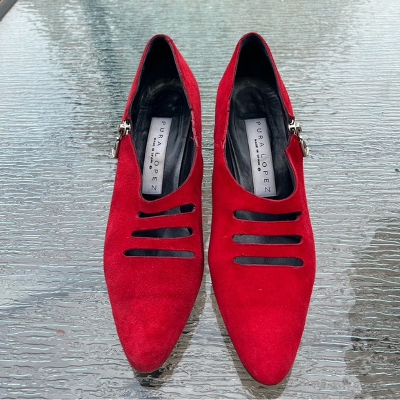 Pura Lopez Red Suede Kitten Heel Pumps Heels - Picture 2 of 16